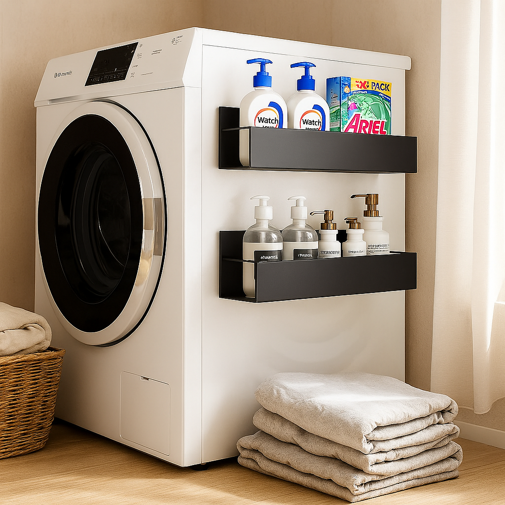 Magnetic side shelf - black metal, attaches to the wall without drilling holes in your refrigerator or washing machine