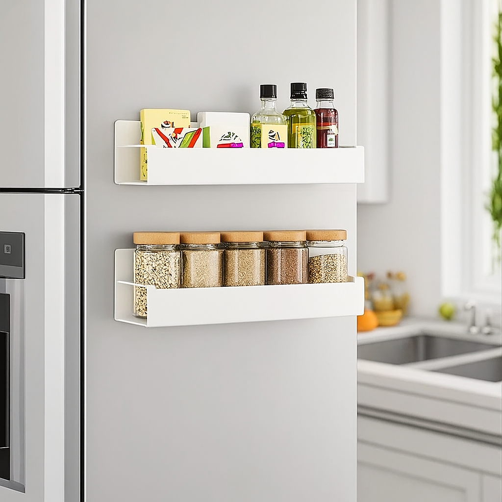 Magnetic side shelf - black metal, attaches to the wall without drilling holes in your refrigerator or washing machine