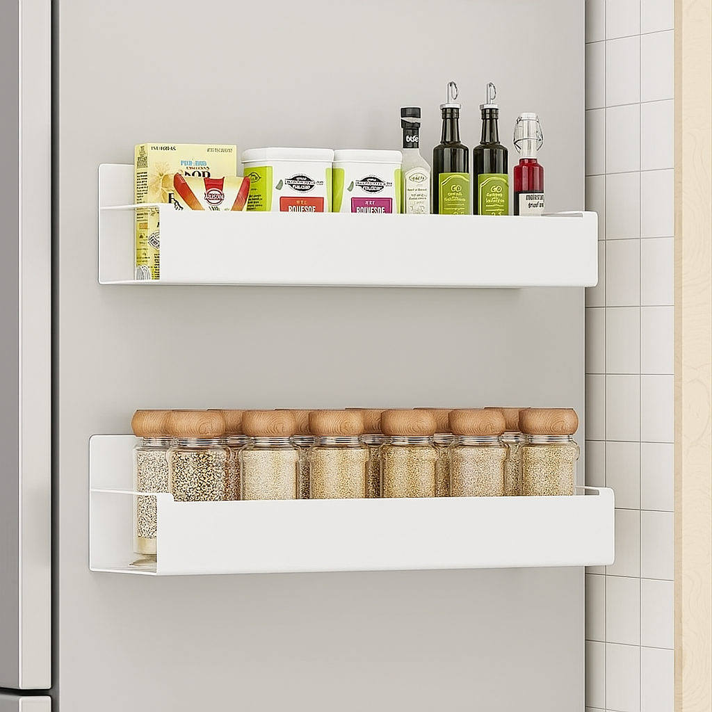 Magnetic side shelf - black metal, attaches to the wall without drilling holes in your refrigerator or washing machine
