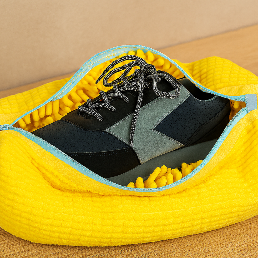Yellow shoe wash bag for washing machines and dryers - soft chenille lining and zipper closure