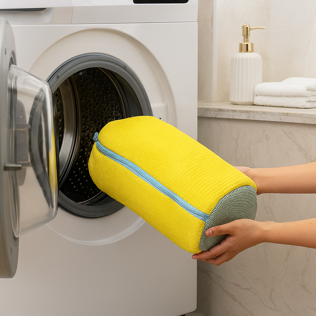 Yellow shoe wash bag for washing machines and dryers - soft chenille lining and zipper closure