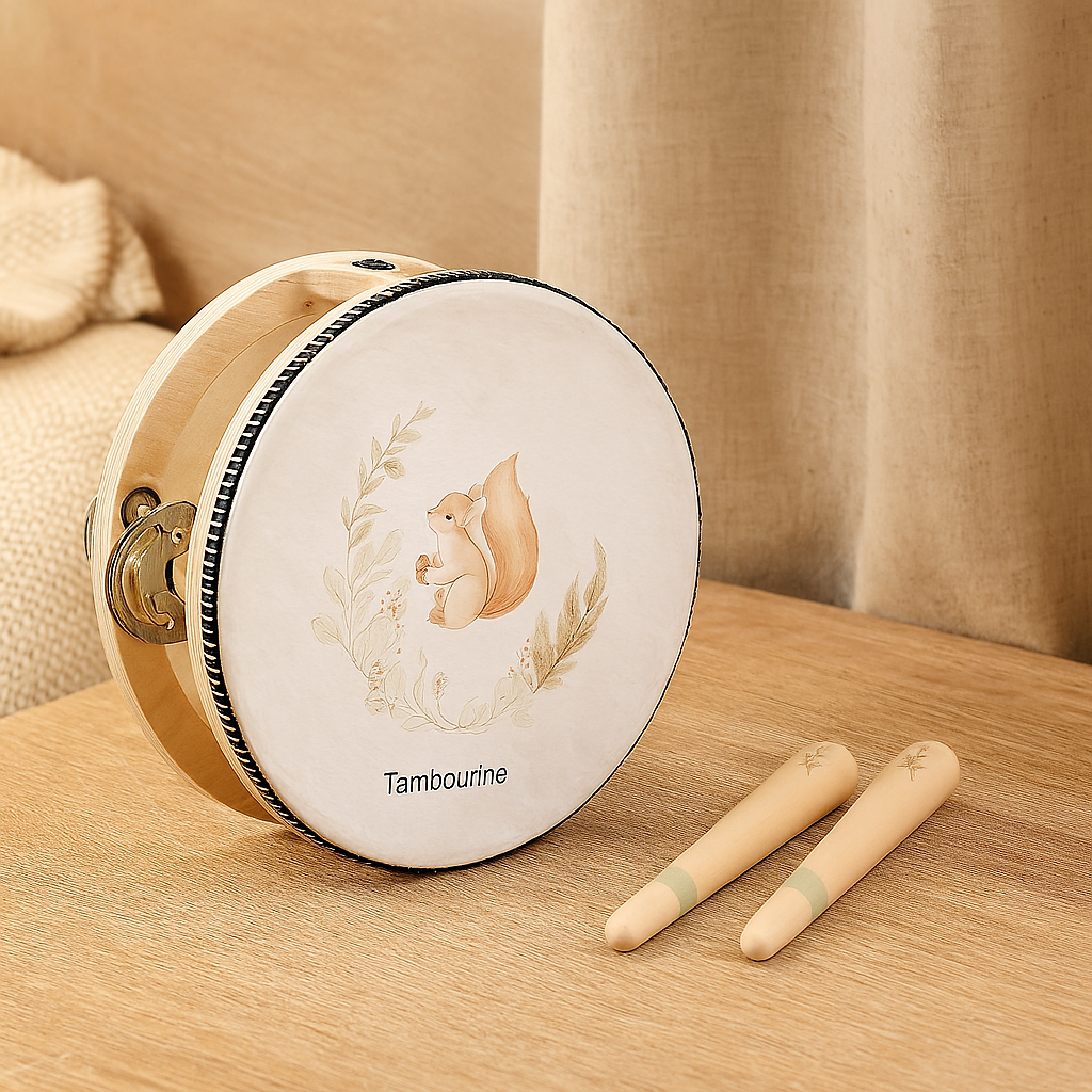 Cartoon wooden drum - hand bell with squirrel rattle and handle