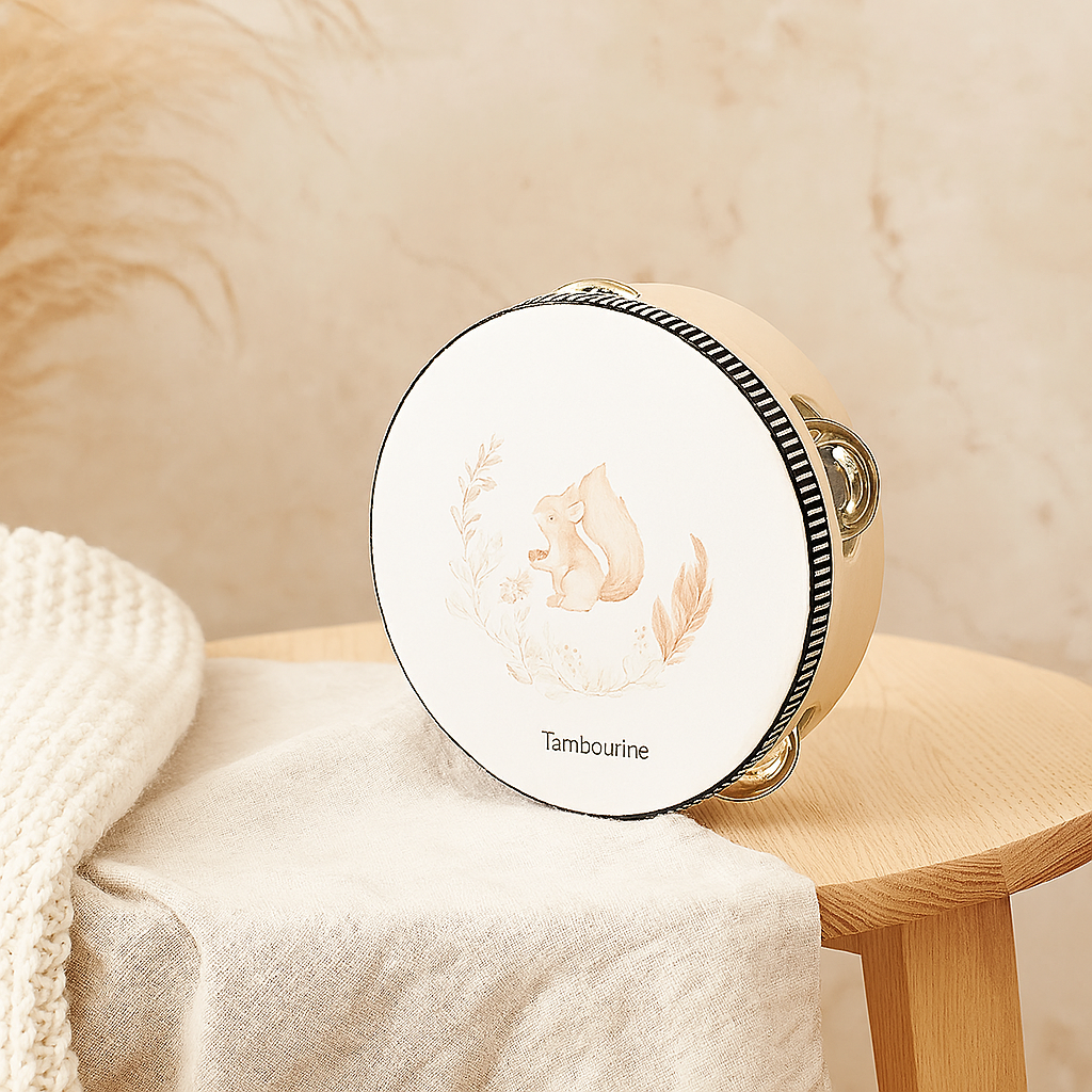 漫画風木製ドラム - リスのガラガラとハンドルが付いたハンドベル