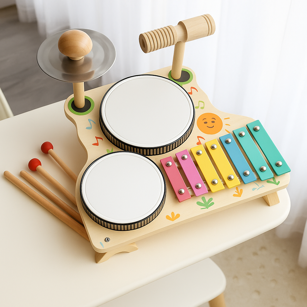 子供用木製ドラムセット - 創造的な遊びのためのタンバリンと打楽器