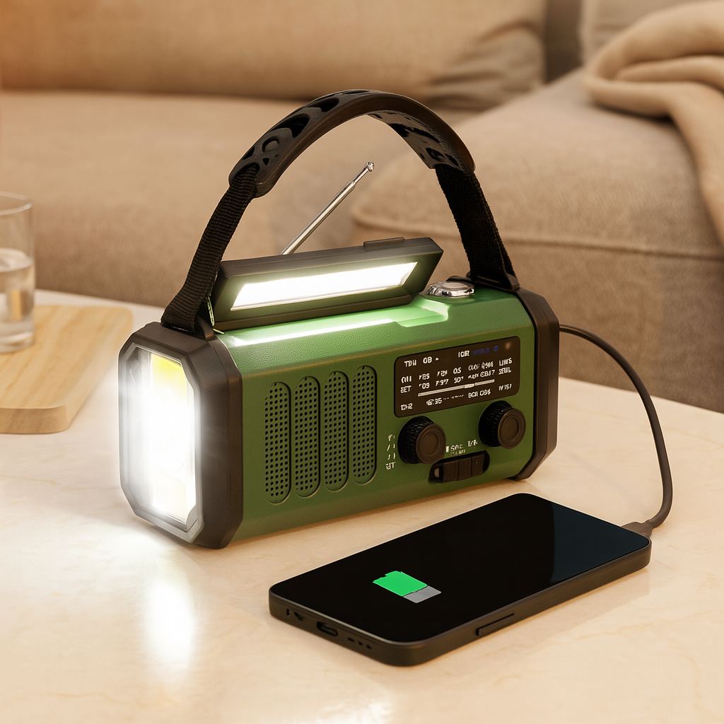 ソーラーパネルと手回し式クランク付き緊急ラジオ - 10,000 mAh パワーバンク、AM/FM 天気予報ラジオ、懐中電灯、SOS 機能、携帯電話充電器