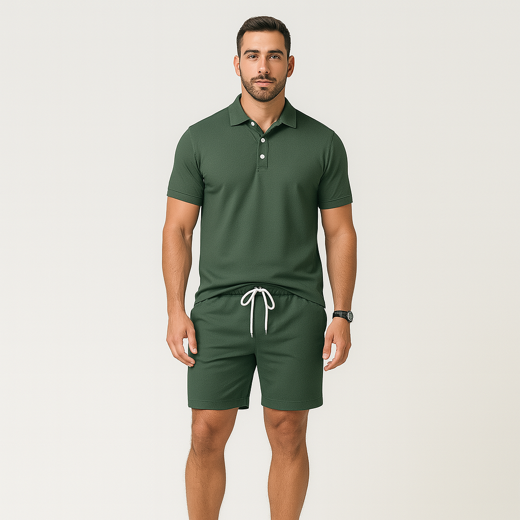 Men's 2-Piece Polo Shirt Set - Short Sleeve Collared Shirt and Drawstring Shorts (Dark Green)