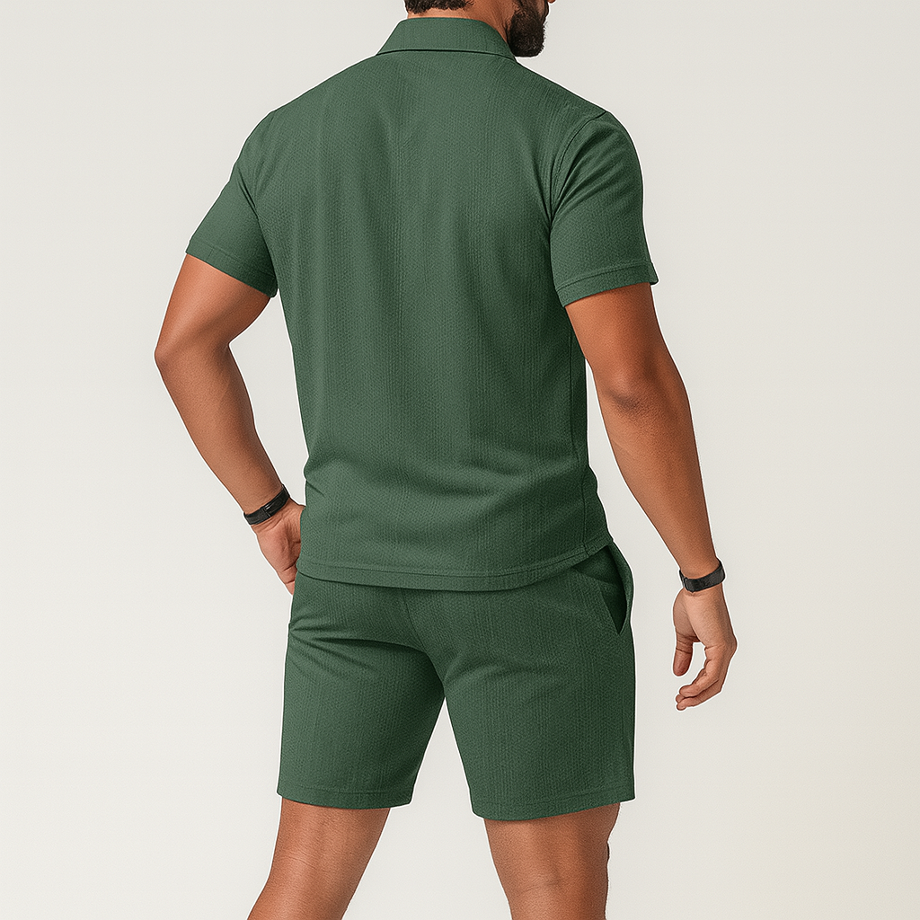 Men's 2-Piece Polo Shirt Set - Short Sleeve Collared Shirt and Drawstring Shorts (Dark Green)