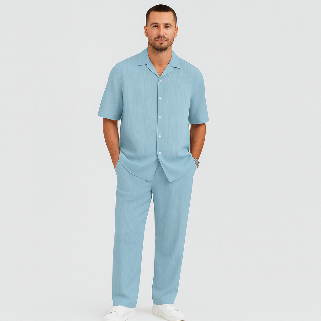 Men's striped short sleeve tracksuit - button-down collar top and pants with elastic waistband