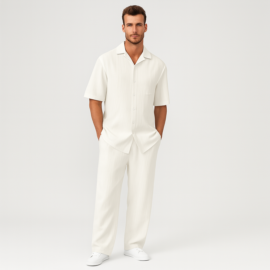 Men's striped short sleeve tracksuit - button-down collar top and pants with elastic waistband