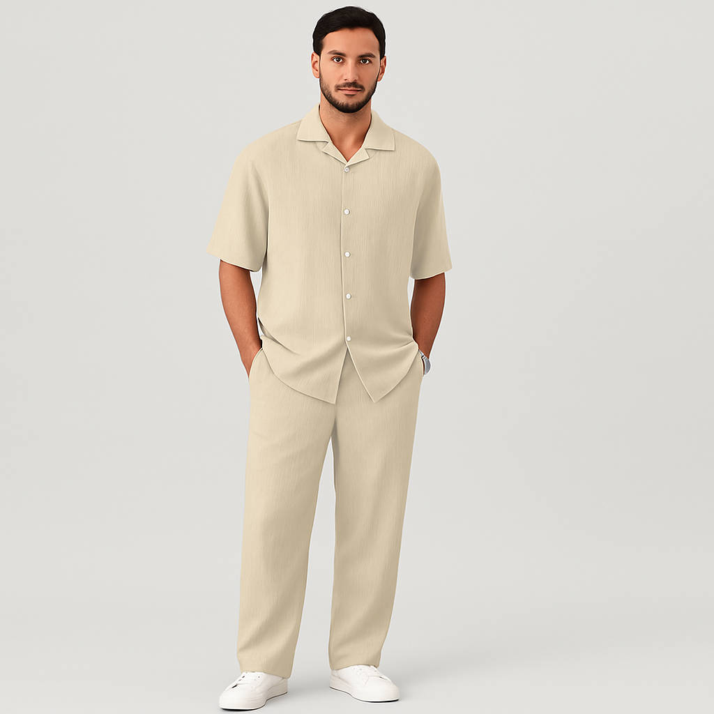 Men's striped short sleeve tracksuit - button-down collar top and pants with elastic waistband