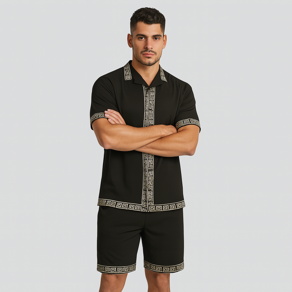 Men's casual summer outfit - lapel collar shirt and elastic waist shorts
