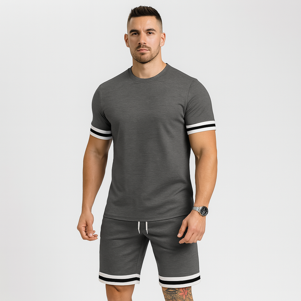New Casual Men's 2-Piece Set - Short Sleeve Round Neck T-Shirt and Solid Drawstring Shorts