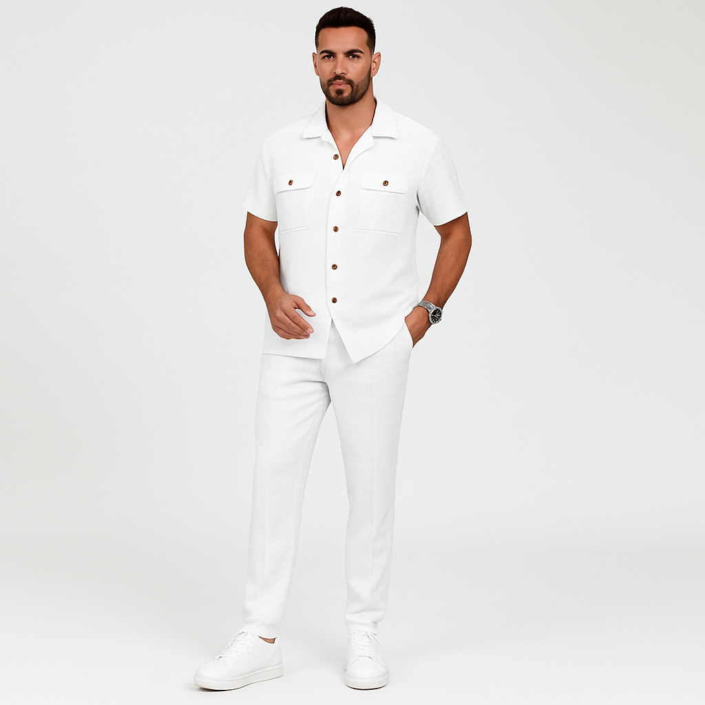 Men's 2-Piece Summer Set - Casual Beach Shirt with Double Pockets and Matching Long Pants