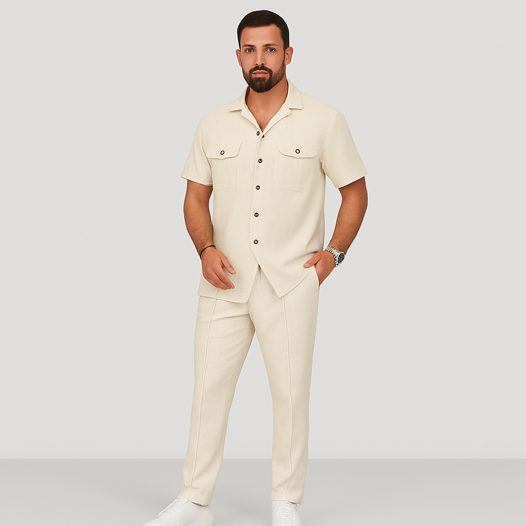 Men's 2-Piece Summer Set - Casual Beach Shirt with Double Pockets and Matching Long Pants