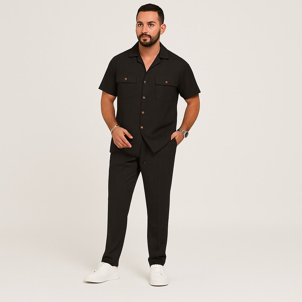 Men's 2-Piece Summer Set - Casual Beach Shirt with Double Pockets and Matching Long Pants