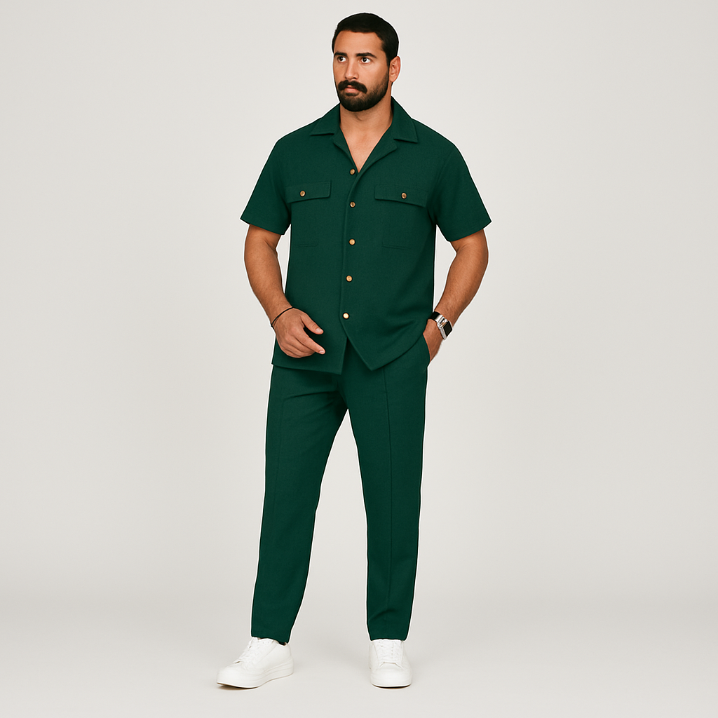 Men's 2-Piece Summer Set - Casual Beach Shirt with Double Pockets and Matching Long Pants