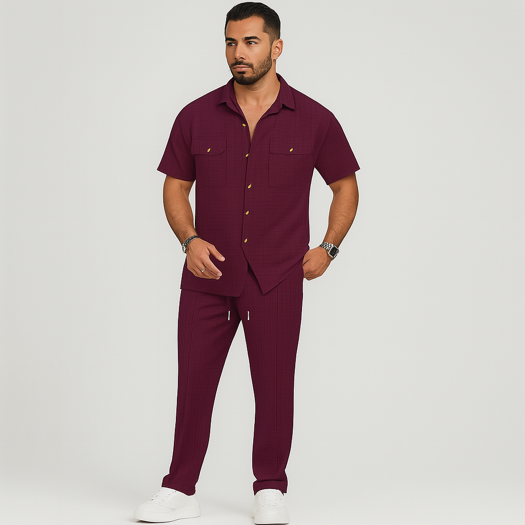 Men's 2-Piece Summer Set - Casual Beach Shirt with Double Pockets and Matching Long Pants
