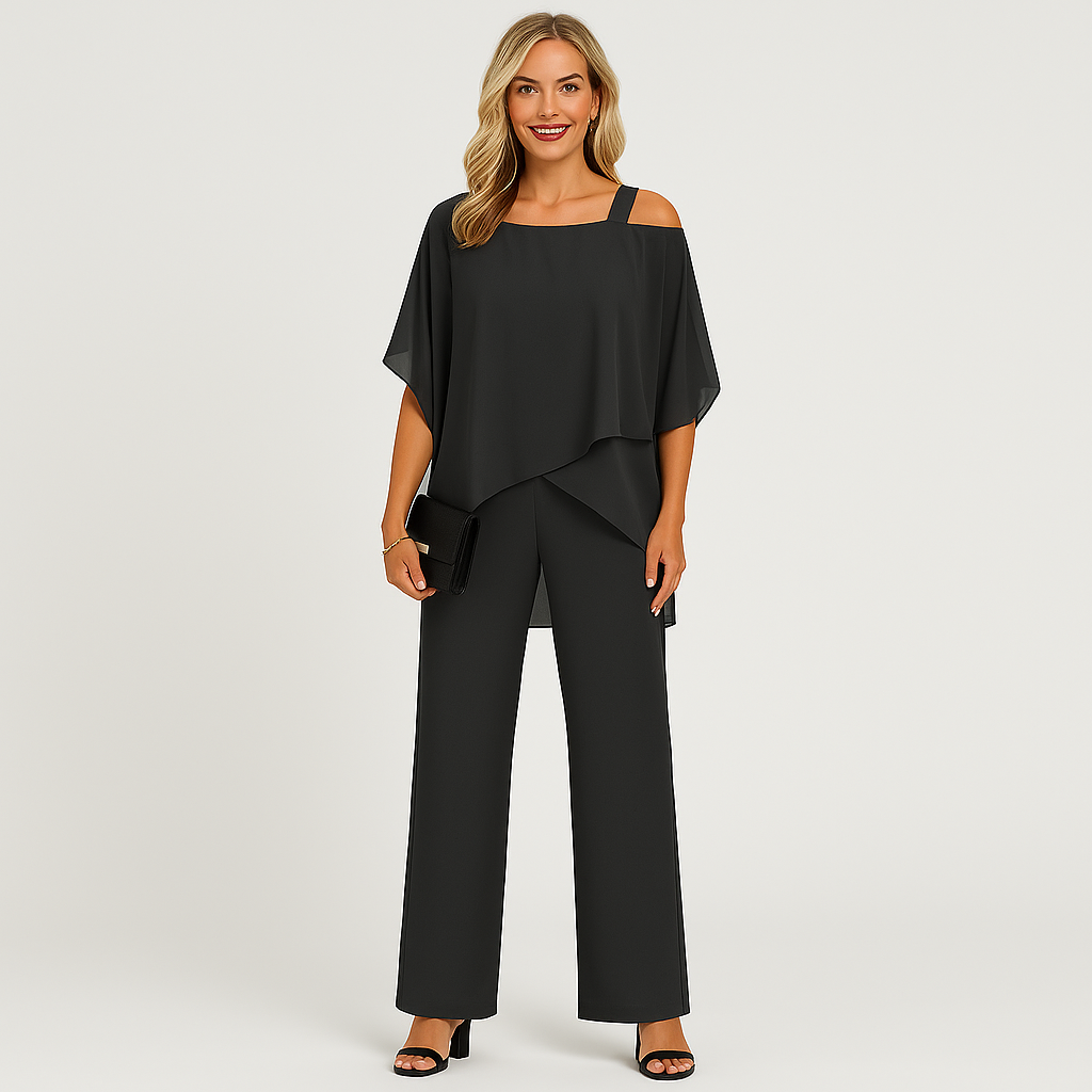 Women's Two-Piece Set - Elegant Jumpsuit with Off-the-Shoulder Blouse