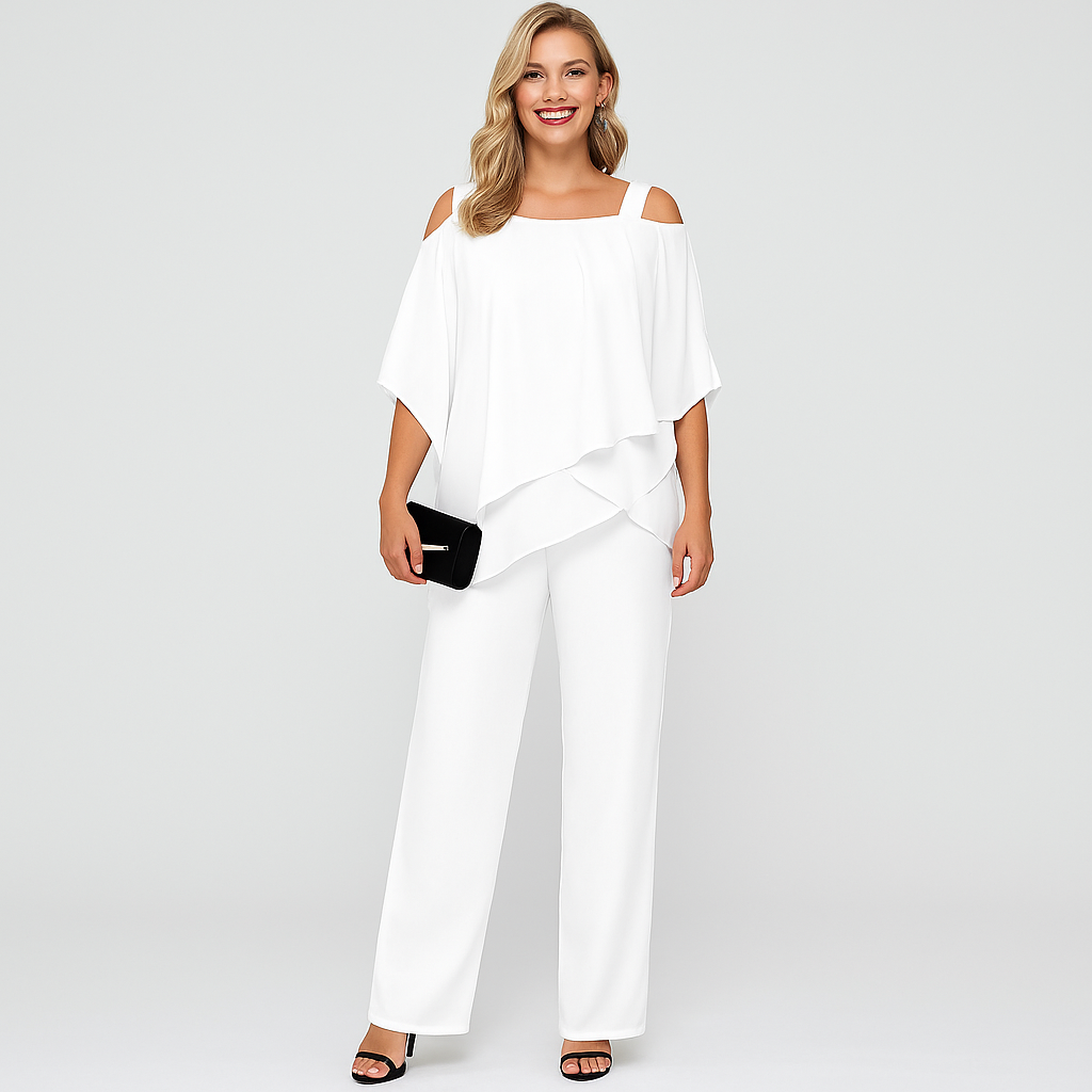 Women's Two-Piece Set - Elegant Jumpsuit with Off-the-Shoulder Blouse