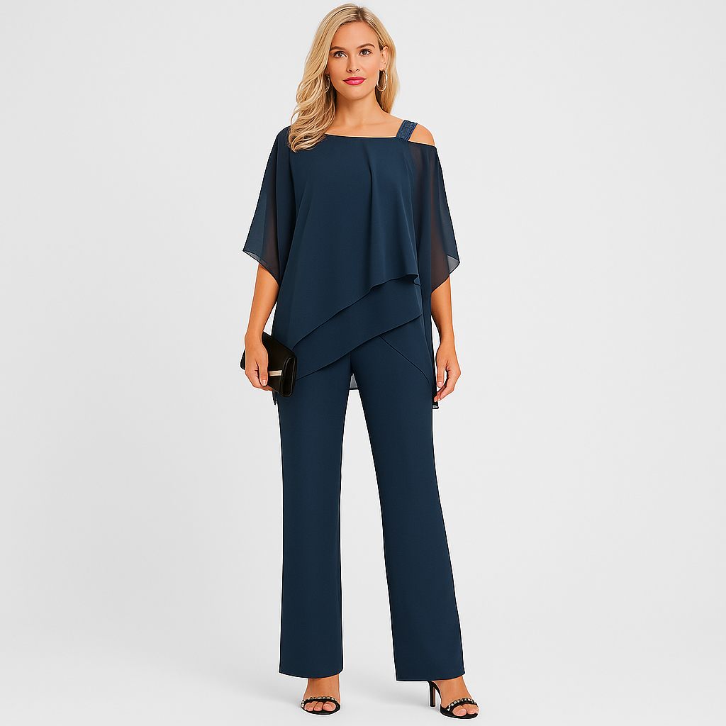 Women's Two-Piece Set - Elegant Jumpsuit with Off-the-Shoulder Blouse