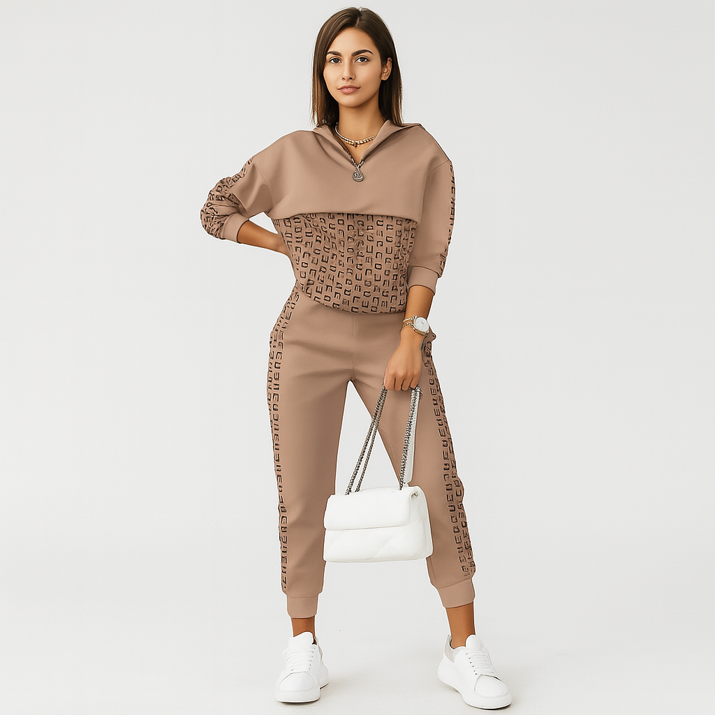 Chic Women's 2-Piece Tracksuit - Checked Zip-Up Top and Side-Striped Tapered Pants