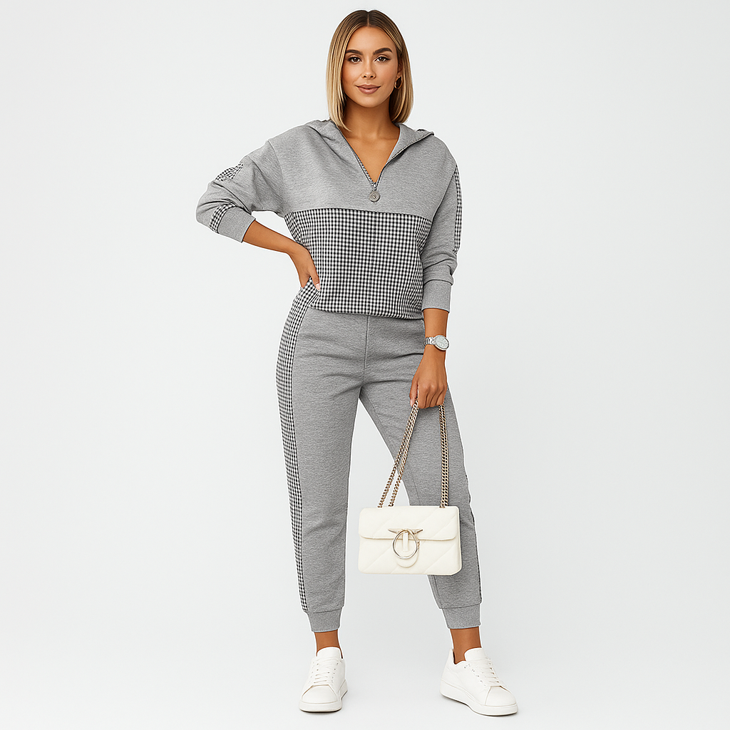Chic Women's 2-Piece Tracksuit - Checked Zip-Up Top and Side-Striped Tapered Pants