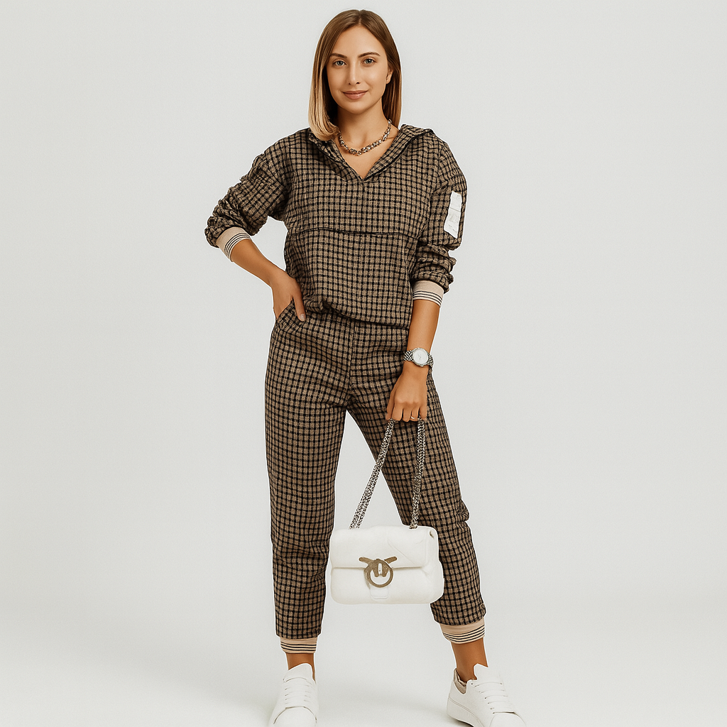 Chic Women's 2-Piece Tracksuit - Checked Zip-Up Top and Side-Striped Tapered Pants