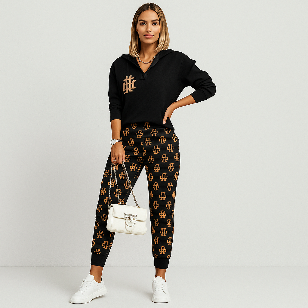 Chic Women's 2-Piece Tracksuit - Checked Zip-Up Top and Side-Striped Tapered Pants