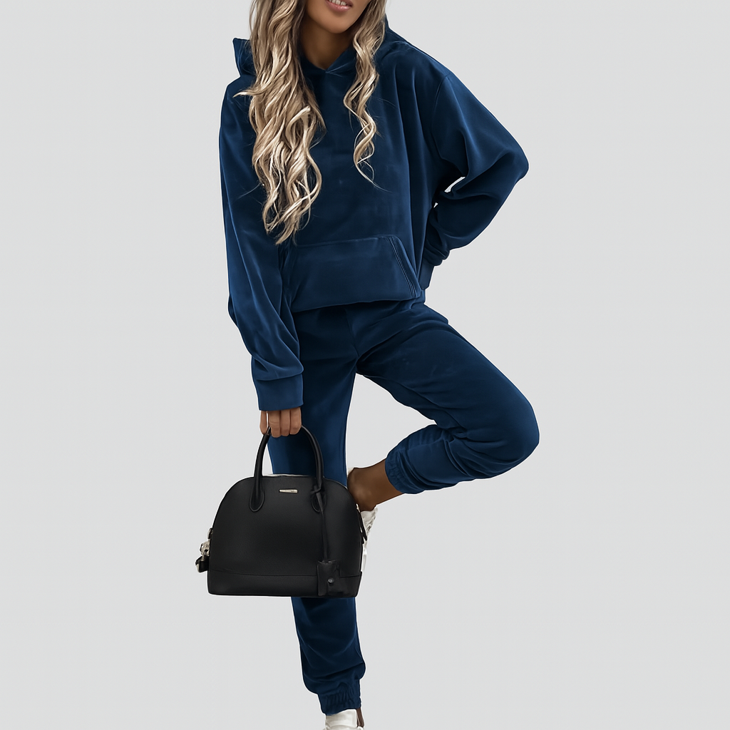 Women's Two-Piece Leisure Suit - Solid Hoodie with Kangaroo Pocket and Slim Fit Jogging Pants
