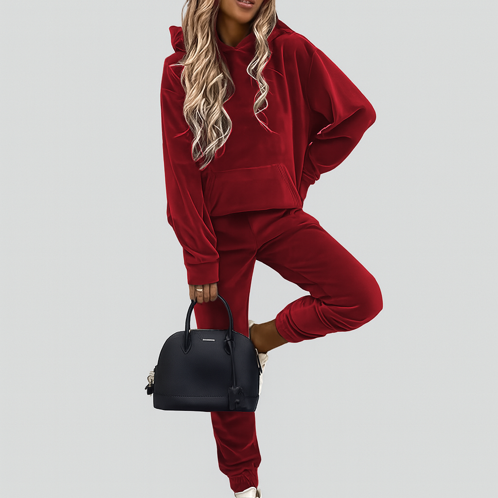 レディース ツーピース レジャースーツ - カンガルーポケット付き無地パーカーとスリムフィットジョギングパンツ