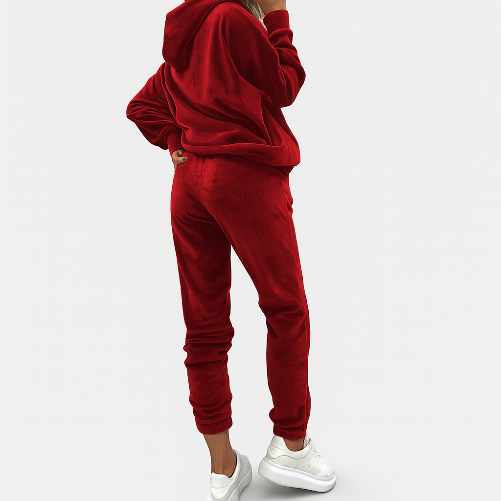 Women's Two-Piece Leisure Suit - Solid Hoodie with Kangaroo Pocket and Slim Fit Jogging Pants