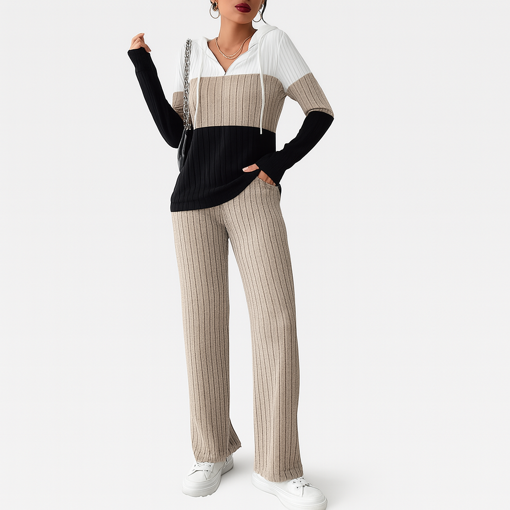 Women's Zipper Two-Piece Set - Striped Top and High-Waisted Wide-Leg Pants