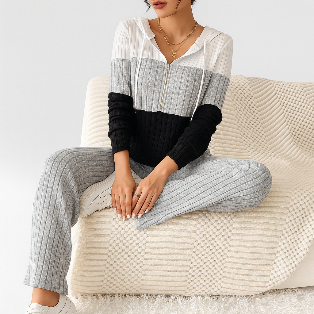 Women's Zipper Two-Piece Set - Striped Top and High-Waisted Wide-Leg Pants