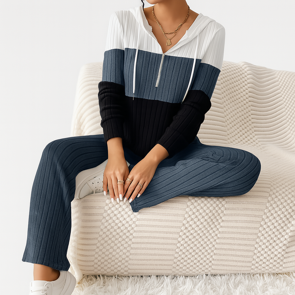 レディース ジッパー ツーピースセット - ストライプトップス&ハイウエストワイドレッグパンツ