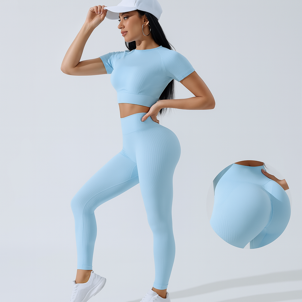 Women's 2-Piece Sports Set - Short Sleeve Top and High-Waisted Leggings for Yoga and Pilates