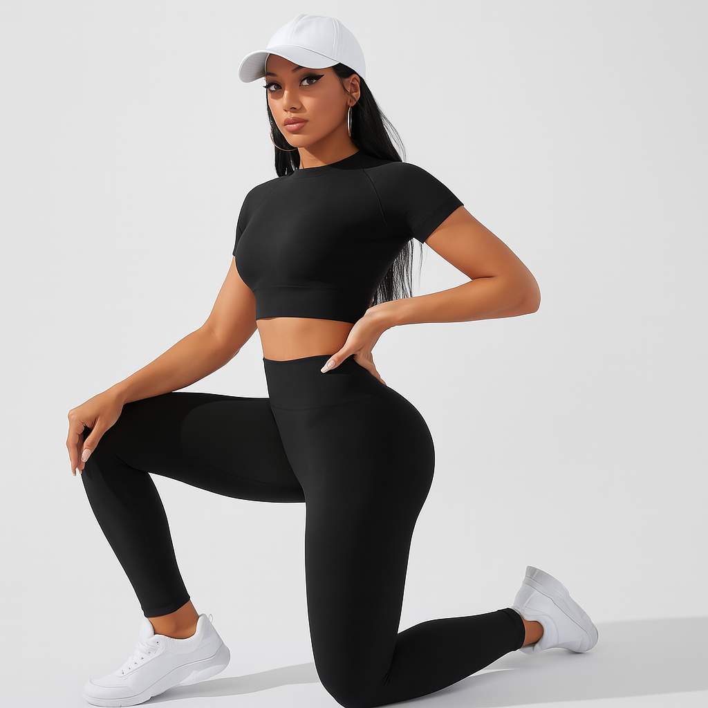 Women's 2-Piece Sports Set - Short Sleeve Top and High-Waisted Leggings for Yoga and Pilates