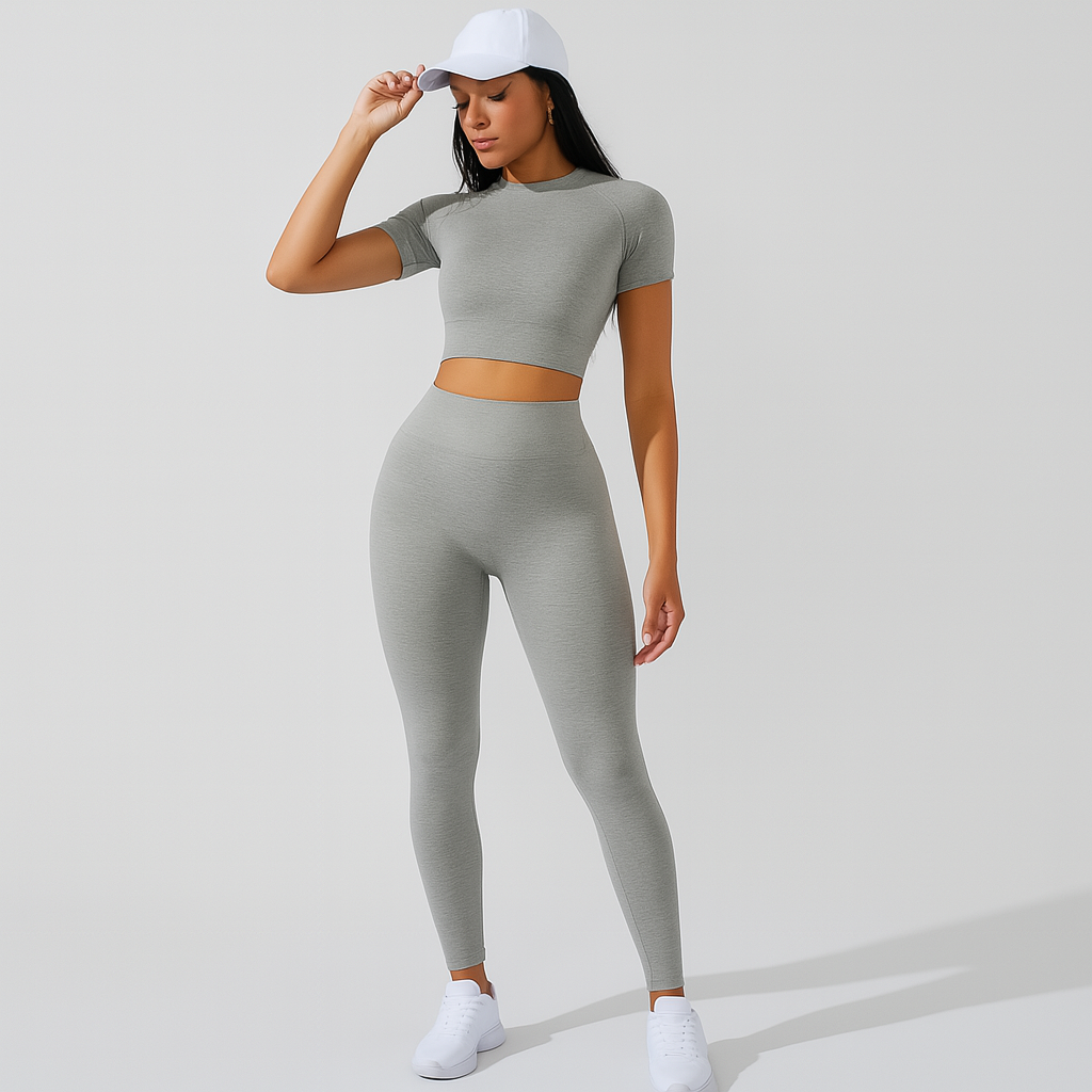 レディース 2ピース スポーツセット - ヨガとピラティス用の半袖トップスとハイウエストレギンス