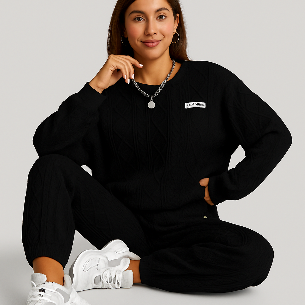 Women's two-piece set in textured fabric - long-sleeved sweatshirt and jogging pants - casual and comfortable