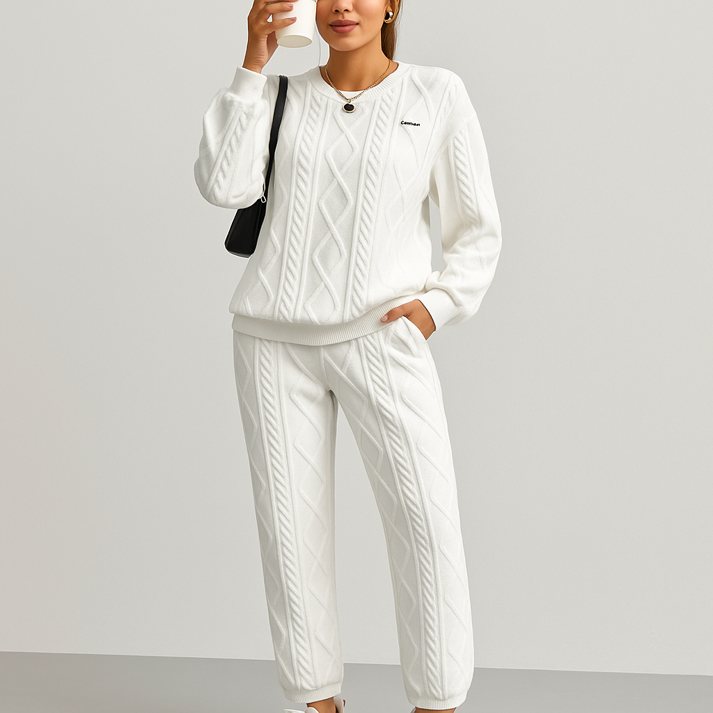 Women's two-piece set in textured fabric - long-sleeved sweatshirt and jogging pants - casual and comfortable