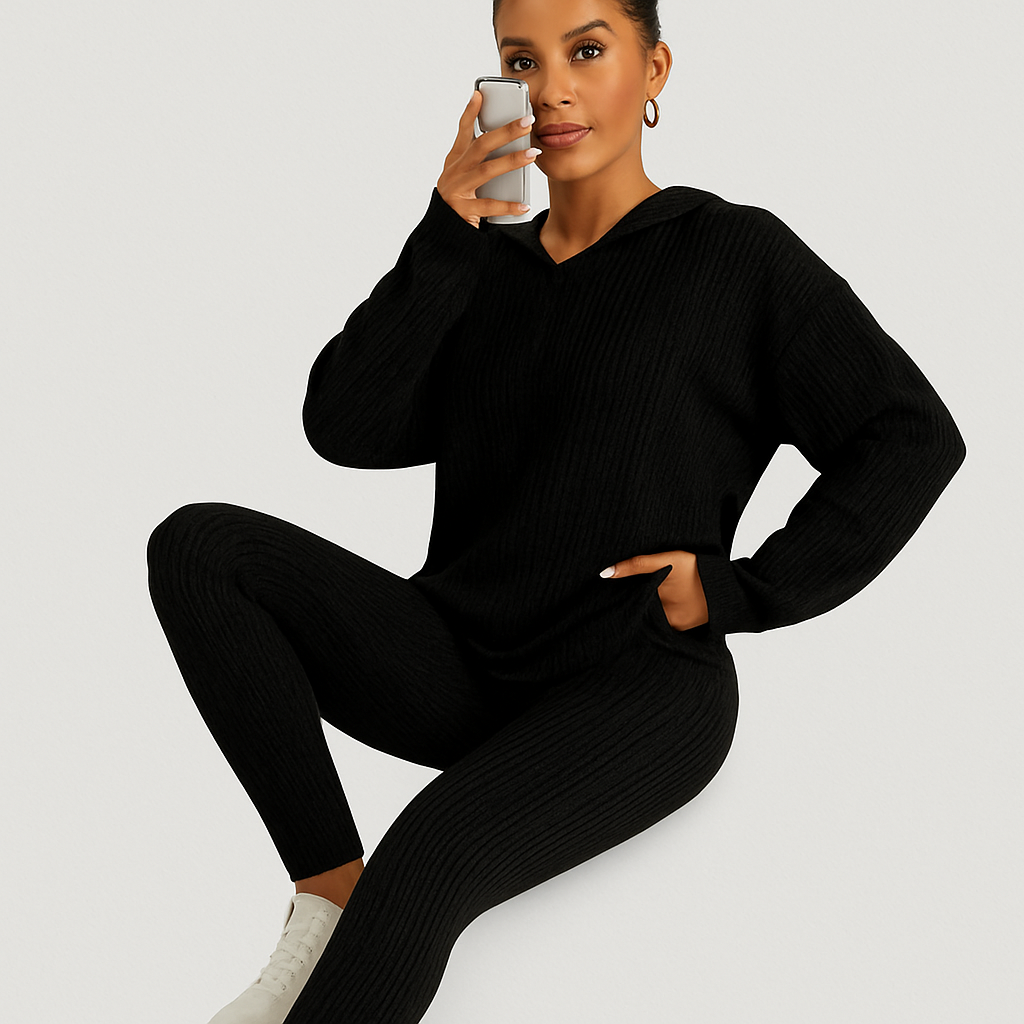 Women's Rib Knit Two-Piece Set - Long Sleeve Hoodie & Skinny Pants - Casual Leisure Wear
