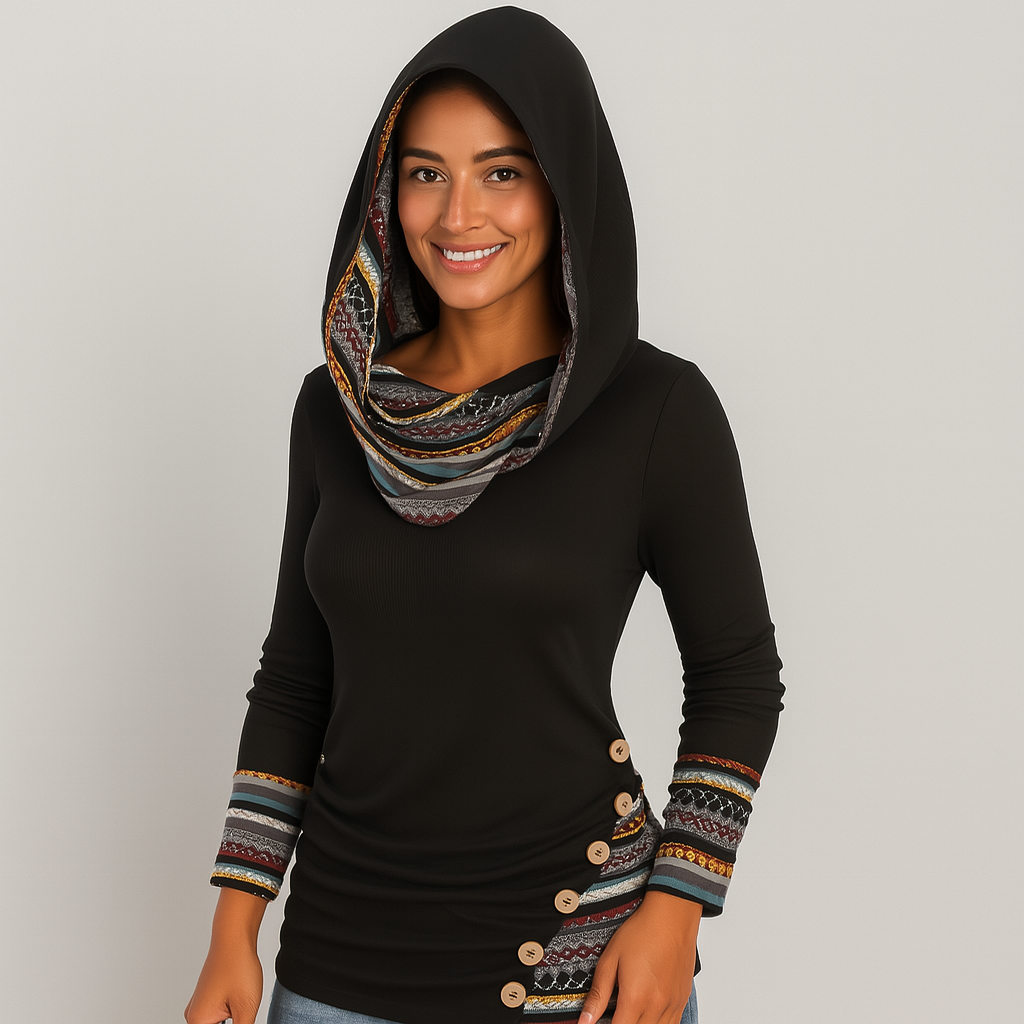 Ethnic Striped Hoodie for Women - Patchwork Style Long Sleeve Hoodie