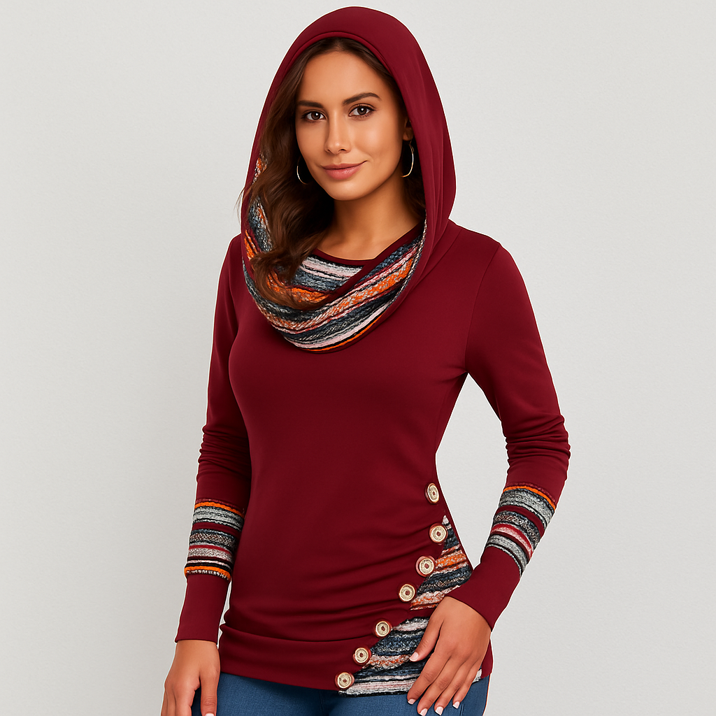 Ethnic Striped Hoodie for Women - Patchwork Style Long Sleeve Hoodie