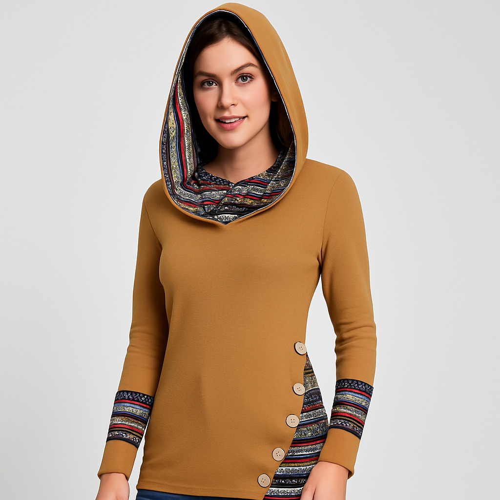 Ethnic Striped Hoodie for Women - Patchwork Style Long Sleeve Hoodie