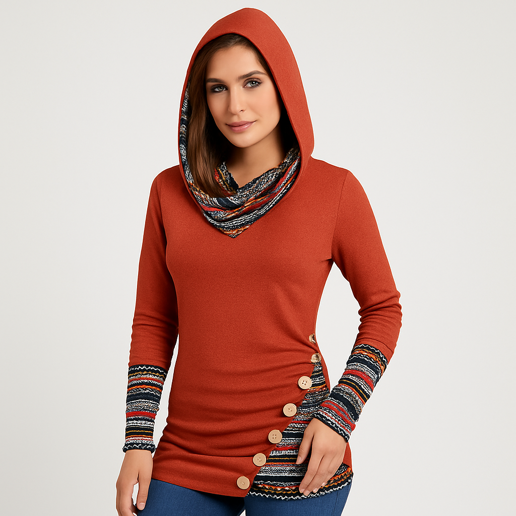 Ethnic Striped Hoodie for Women - Patchwork Style Long Sleeve Hoodie