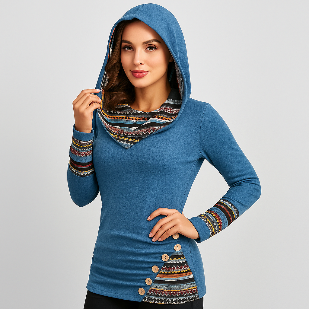 Ethnic Striped Hoodie for Women - Patchwork Style Long Sleeve Hoodie
