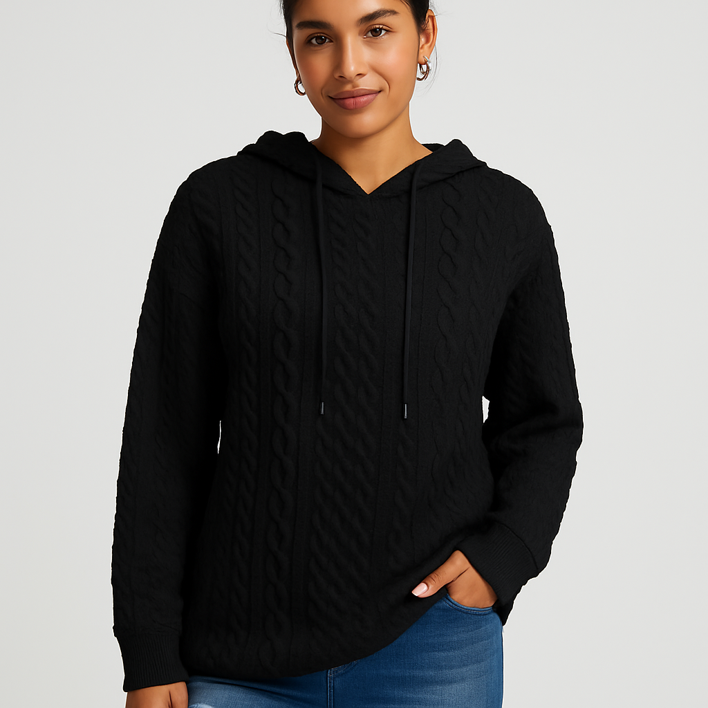 Plus Size Women's Hoodie - Plain Rib Knit with Drawstring and Stretch Fabric
