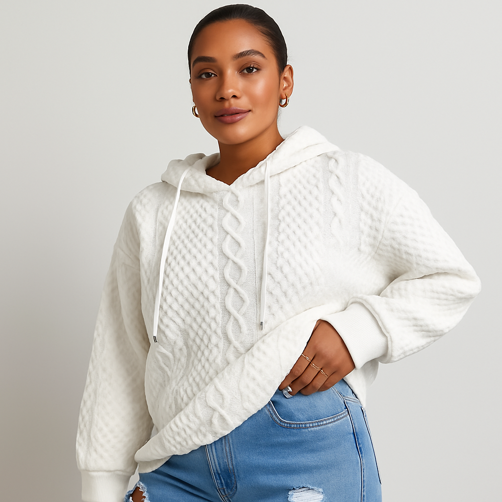 Plus Size Women's Hoodie - Plain Rib Knit with Drawstring and Stretch Fabric
