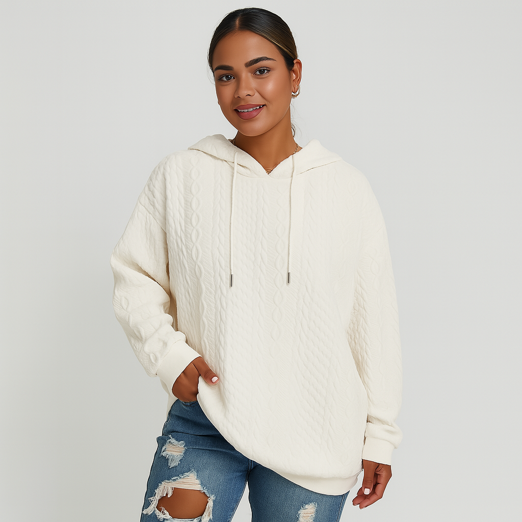 Plus Size Women's Hoodie - Plain Rib Knit with Drawstring and Stretch Fabric