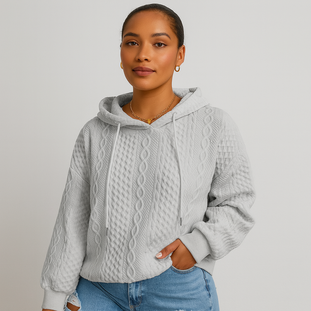 Plus Size Women's Hoodie - Plain Rib Knit with Drawstring and Stretch Fabric