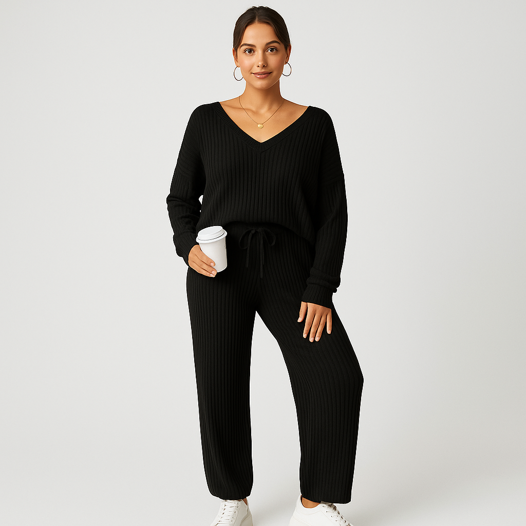 レディースリブニットラウンジセット - 無地Vネックトップと伸縮性ウエストバンドジョガーパンツ